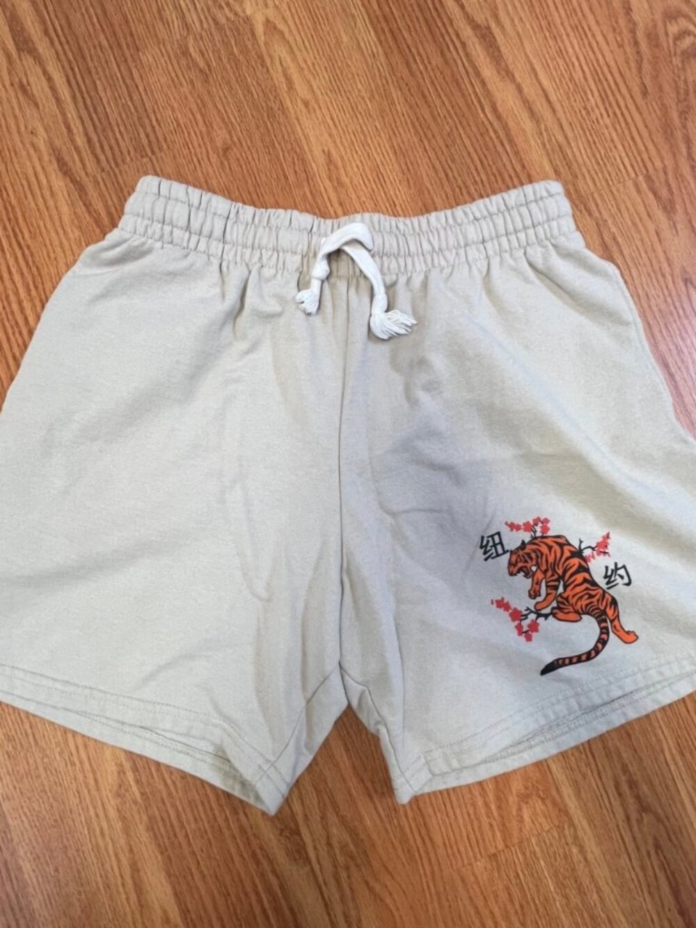 Bowery Supply Co Sweat Shorts Mens Large Beige Tiger Graphic Drawstring Casual